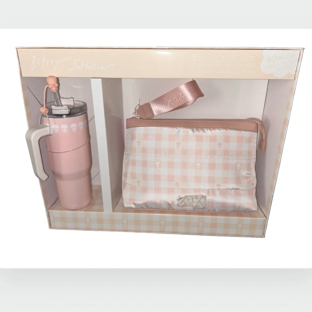BETSEY JOHNSON PEACH & WHITE CHECKERED SKULL LUNCH BAG & SKULL TUMBLER SET NWT - Picture 7 of 12